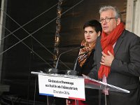 Camille Lainé (PCF-MJCF) au côté de Pierre Laurent (PCF) en allocution. Photo : 20161023 CeremonieChateaubriant 9347 © Photo Patrice MOREL 0624933210 image-in@patcatnats.fr